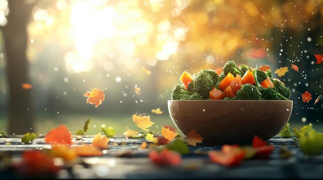 Fresh Broccoli and Carrot Salad in Wooden Bowl Surrounded by Autumn Leaves and Warm Sunset Light