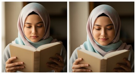 A young woman wearing a hijab is peacefully reading a book indoors, creating a calm and focused atmosphere for studying or leisure