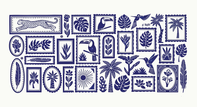 Vintage blue stamp collection with tropical and botanical themes