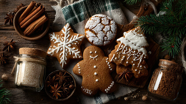 Directly above shot of decorated gingerbread cookies with spices on table. Homemade Christmas cookies