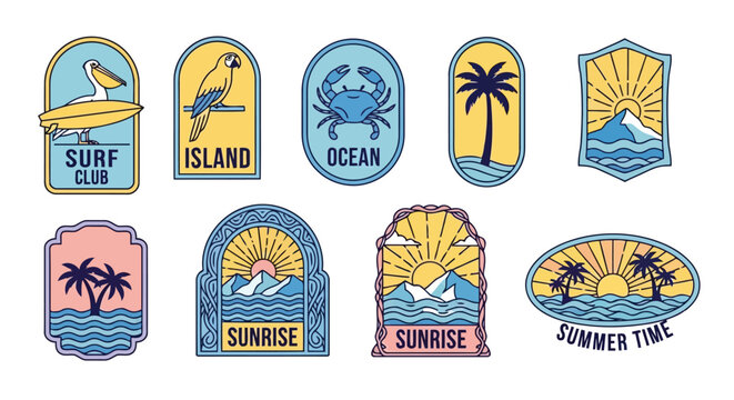 Collection of colorful retro travel and beachthemed badges with surf, sunrise, and ocean icons