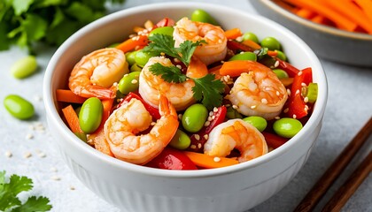Shrimp salad bowl featuring succulent shrimp, vibrant edamame, sliced carrots, red bell peppers, and fresh cilantro leaves