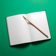 An open blank notebook with a pencil resting on its pages against a vibrant green background, ready for writing or drawing