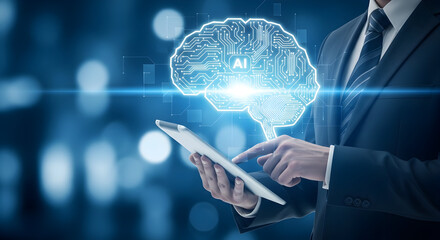 Businessman interacts with artificial intelligence on a tablet showcasing technology and innovation in a corporate setting with a digital brain interface and futuristic design elements