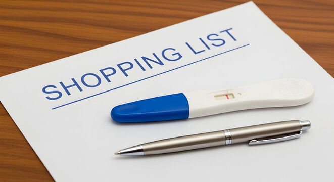 Positive pregnancy test result displayed on a shopping list with a pen indicating anticipation and planning for a new baby with items needed for the upcoming arrival and parental preparation - Powered by Adobe