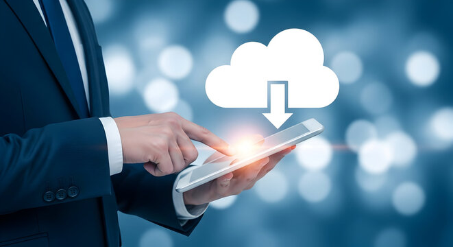 Businessman uses a tablet for cloud data download showcasing modern technology and connectivity in a professional setting ideal for illustrating digital solutions and business applications