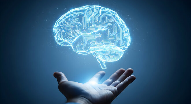 Digital brain hologram hovers above an open hand representing artificial intelligence neuroscience and future technology with glowing blue circuits and neural networks