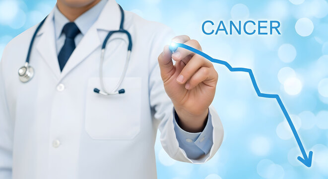 Doctor in a white coat uses a light pen to draw a downward trending arrow representing cancer reduction on a blue bokeh background symbolizing medical progress and hope for patients worldwide