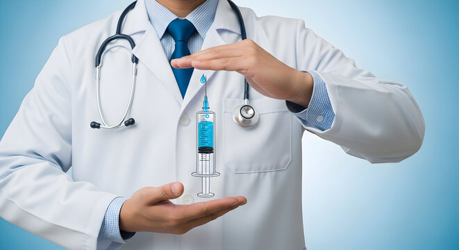 Doctor in a white coat protects a syringe with a blue liquid symbolizing healthcare vaccination and medical innovation against a light blue background in a professional studio setting