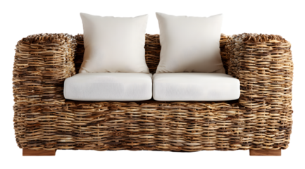Woven armchair with cushions sits on wooden feet.