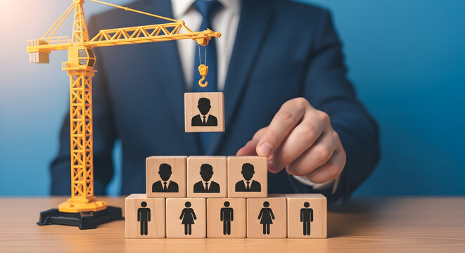 Businessman building a team hierarchy with wooden blocks and a toy crane representing recruitment leadership and organizational structure for business growth and success in human resources
