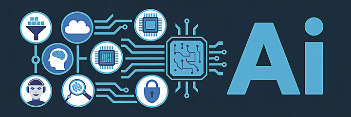 Artificial intelligence concept with digital brain cloud computing data processing machine learning and cybersecurity icons representing the future of technology and innovation in ai