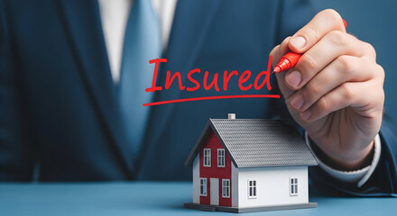 Home insurance concept featuring a miniature house being insured by a person in a suit with a red marker emphasizing protection and security for homeowners and their property investment