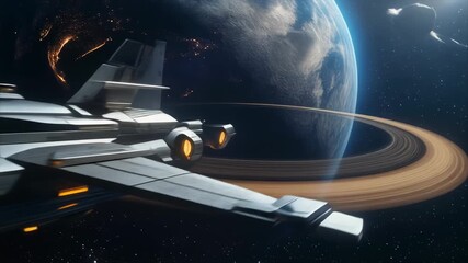 A futuristic spaceship with glowing engines flying past a ringed planet with city lights visible on its surface in deep space. - Powered by Adobe