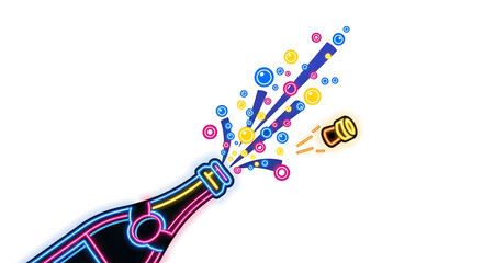 Fototapeta premium Neon-style illustration of a champagne bottle popping its cork, with colorful bubbles and celebratory energy against a white background.