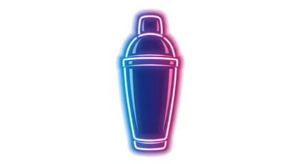 An isolated, stylized neon illustration of a cocktail shaker, featuring blue and pink glowing outlines on a white background.