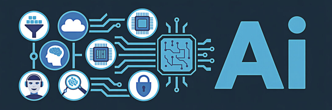 Artificial intelligence concept with digital brain cloud computing data processing machine learning and cybersecurity icons representing the future of technology and innovation in ai - Powered by Adobe