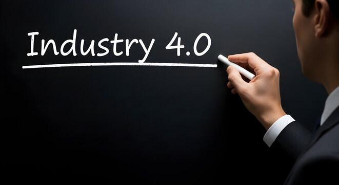 Man writing industry 4.0 on a blackboard with chalk showcasing technology automation and digital transformation in manufacturing and business for the fourth industrial revolution era