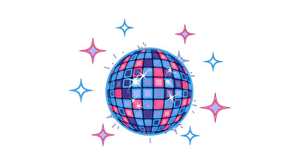 A vibrant disco ball with blue and pink tiles surrounded by sparkling stars on a white background.