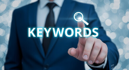 Businessman in a suit points to the word keywords with a magnifying glass icon symbolizing search engine optimization and the importance of relevant terms for online visibility and marketing strategie