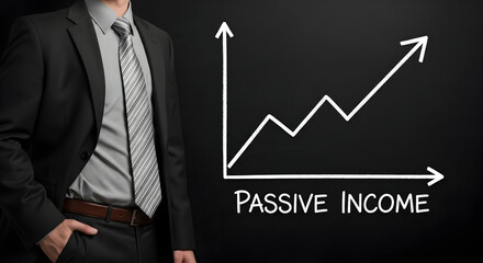 Businessman presenting passive income growth chart on a blackboard showcasing financial success and investment strategies for wealth accumulation and long term financial planning and stability