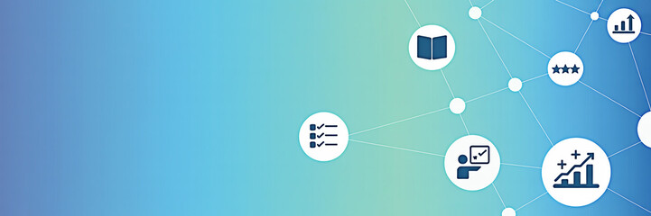 Business strategy icons on a blue gradient background represent planning success growth and education ideal for presentations and marketing materials with a modern and professional design