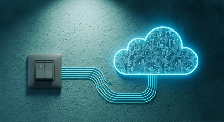 Illuminated cloud computing concept with circuit board pattern connected to a light switch on a textured wall representing data storage network and information technology solutions