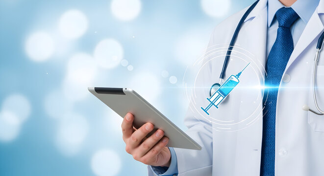 Doctor in a white coat holds a tablet with a syringe icon representing medical technology and healthcare advancements in vaccination and digital health solutions for patient care and treatment options