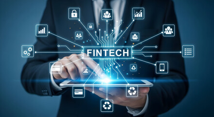 Businessman presents fintech solutions on a tablet showcasing digital transformation and financial technology with icons representing security data analysis and teamwork for modern business