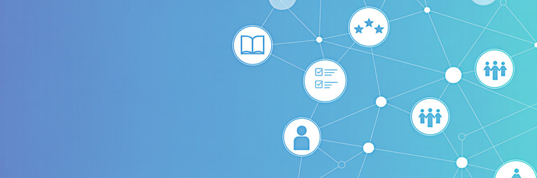 Abstract network illustration with connected icons representing education teamwork checklist and user profiles on a gradient blue background for business and technology concepts - Powered by Adobe