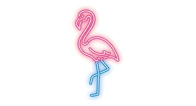 A neon flamingo illustration with a pink body and head, standing on one blue leg, against a white background.