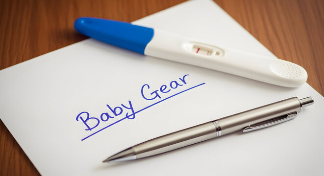 Positive pregnancy test and a list for baby gear on a white paper with a silver pen on a wooden table symbolizing new beginnings and planning for parenthood with excitement and anticipation