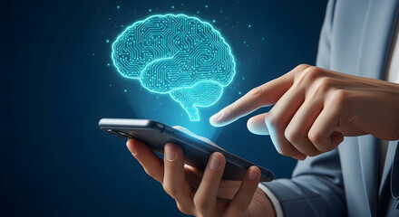 Person interacts with a holographic brain projected from a smartphone showcasing artificial intelligence technology and the future of digital interaction in a modern innovative context