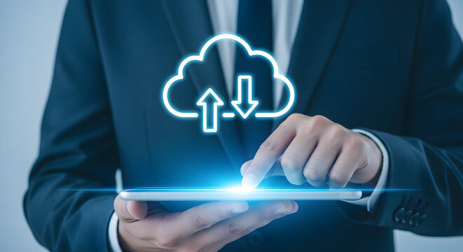 Businessman using a tablet with a cloud computing icon showcasing data transfer and digital storage solutions for business technology and modern communication in a corporate setting - Powered by Adobe