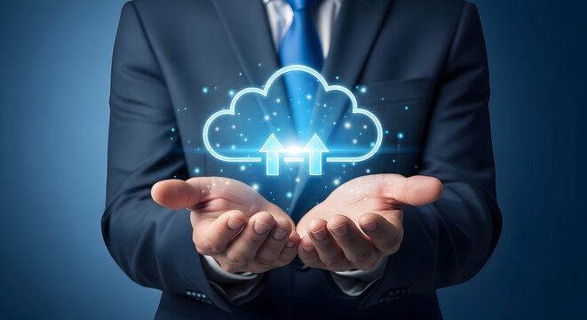 Businessman presents cloud computing concept with glowing cloud and upload arrows showcasing data transfer and modern technology solutions for business growth and innovation