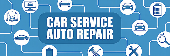 Car service and auto repair graphic featuring icons of cars tools and equipment on a blue background perfect for automotive businesses and repair shops promoting their services online