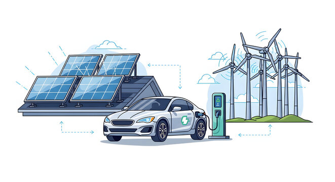 Illustration of an electric car charging next to solar panels on a roof and wind turbines, representing renewable energy sources.