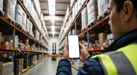 Warehouse Worker Scanning: Worker in Safety Vest Holding a Smartphone with Blank White Screen Down a Warehouse Aisle for Logistics and Inventory Check