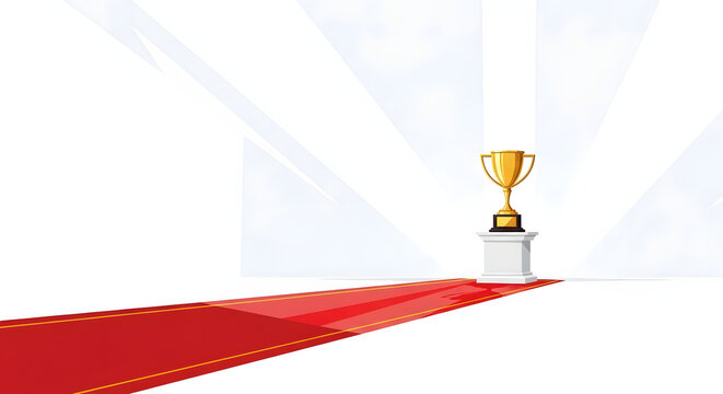 Golden trophy stands on a pedestal with a red carpet leading to it, illuminated by bright spotlights.
