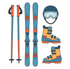 Stylized winter ski gear vector, including helmet, boots, skis, and poles. Perfect for winter sports enthusiasts, seasonal illustrations, posters, and outdoor activity graphics