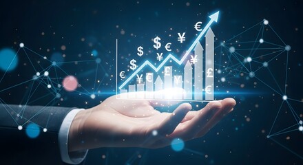 Financial Growth Chart Displayed Above Hand with Currency Symbols.