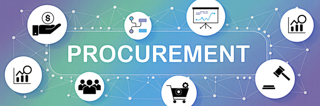 Procurement process illustration showcasing key elements like cost management workflow data analysis team collaboration and legal compliance on a modern gradient background - Powered by Adobe