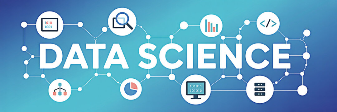 Data science concept with connected icons representing analysis coding databases and machine learning on a blue gradient background for technology and business applications - Powered by Adobe
