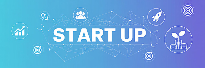 Start up business concept with icons representing growth teamwork target innovation and investment on a gradient blue background ideal for entrepreneurs and new ventures seeking success