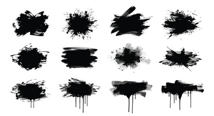 Collection of abstract black ink splatter and brush stroke textures
