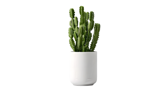 Green cactus grows in a white pot against a black background.