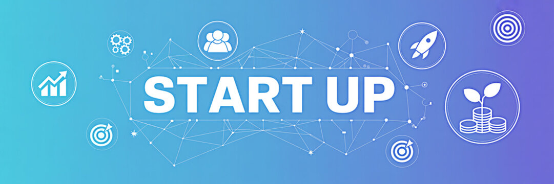 Start up business concept with icons representing growth teamwork target innovation and investment on a gradient blue background ideal for entrepreneurs and new ventures seeking success - Powered by Adobe