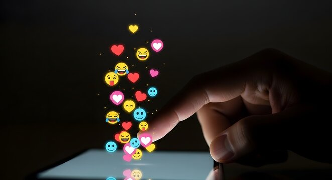 Finger Interacting with Social Media Emojis on a Digital Screen. - Powered by Adobe