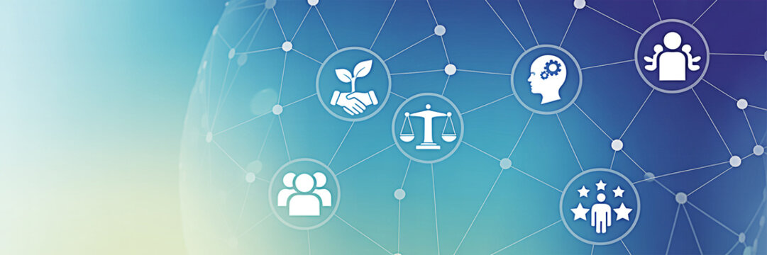 Abstract network of icons representing collaboration growth justice innovation and excellence on a blue gradient background ideal for business and social responsibility themes
