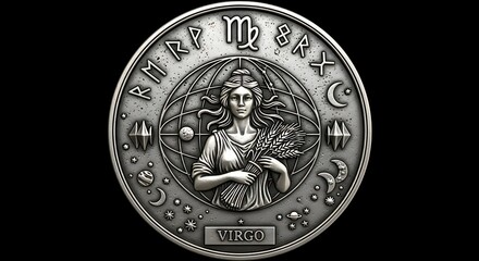 Obraz premium Virgo Zodiac Sign Coin - Detailed Astrological Symbolism and Artistic Design.